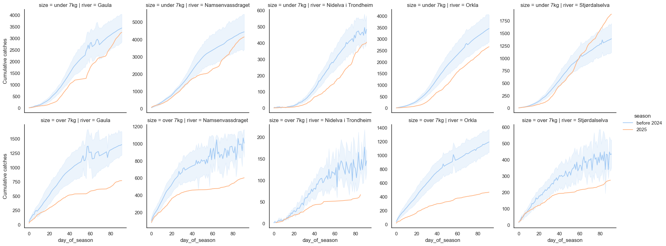 A chart showing confidence intervals for cumulative catch statistics for seasons prior to 2024, together with cumulative catches per day for 2024 and 2025. The two recent seasons are way below the historical confidence interval.