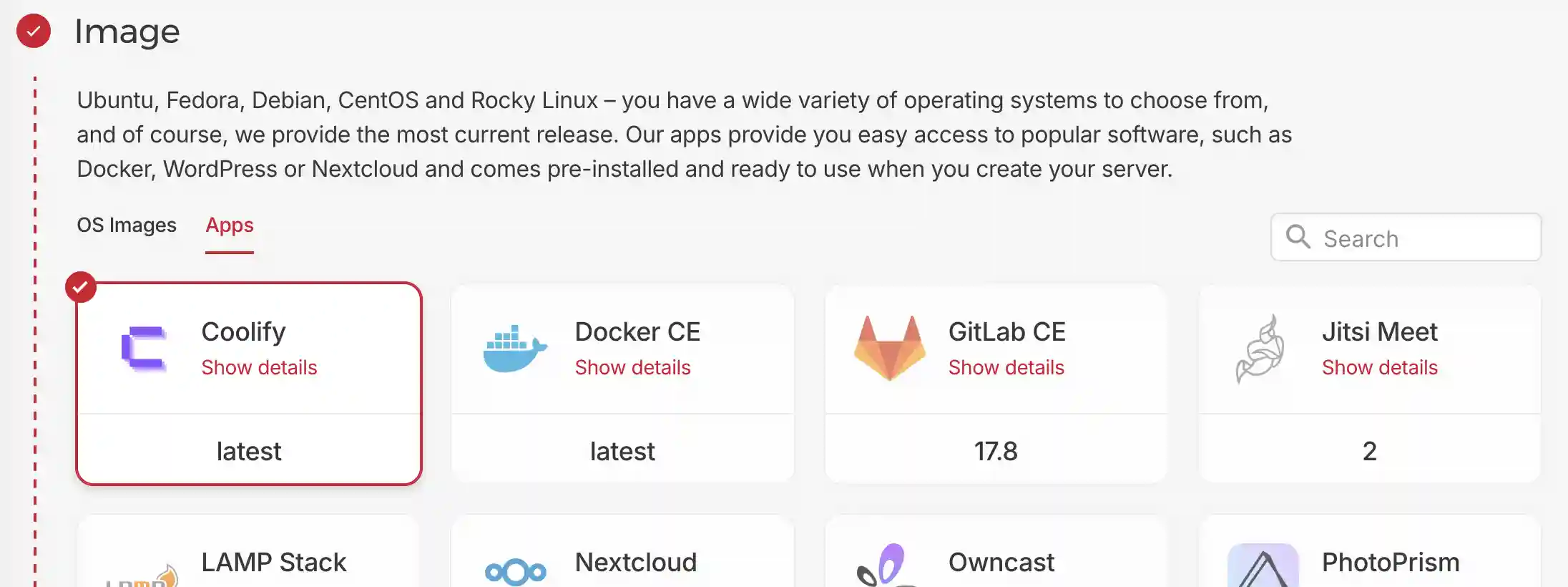 Velg Coolify blant apps